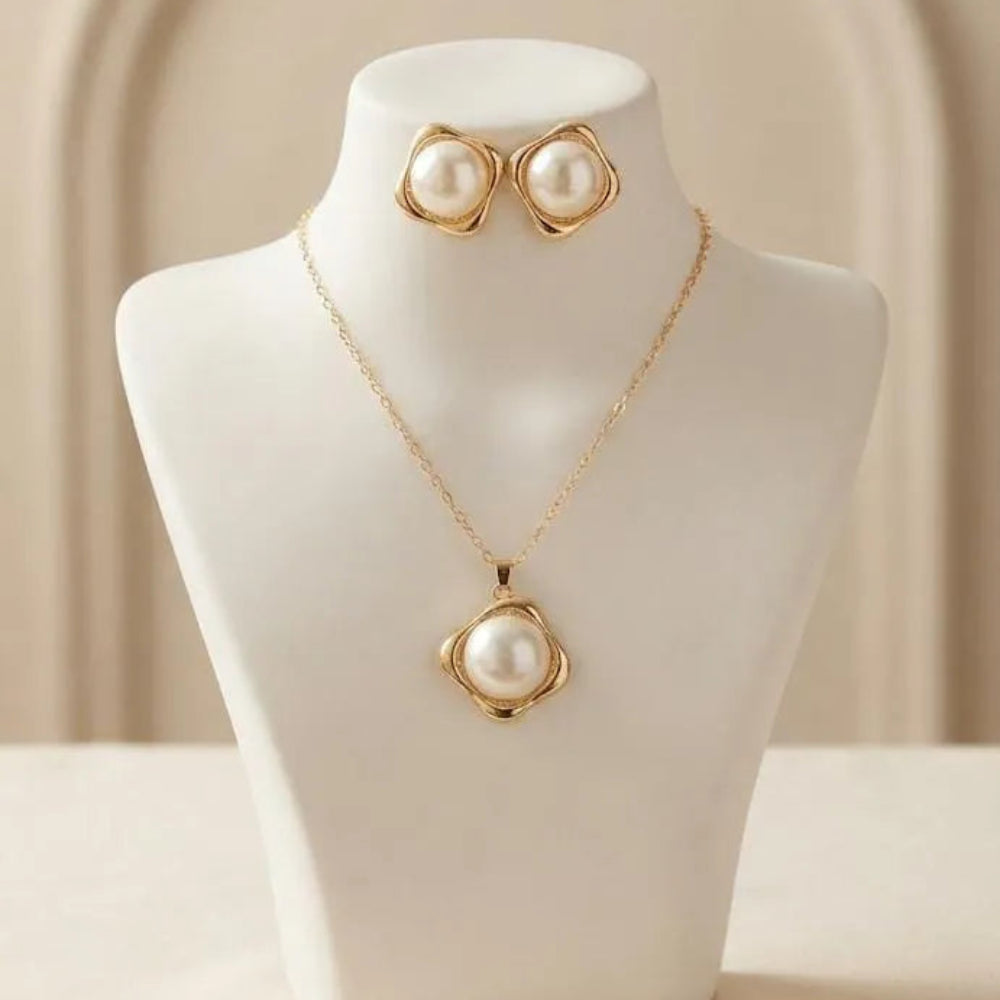 Gold Plated Square Framed Faux Pearl Pendant Necklace & Stud Earrings