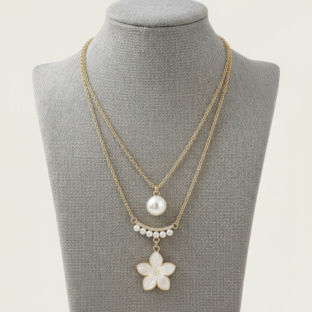 Gold-Toned Multi-Layered Heart & Floral Pendant Necklace