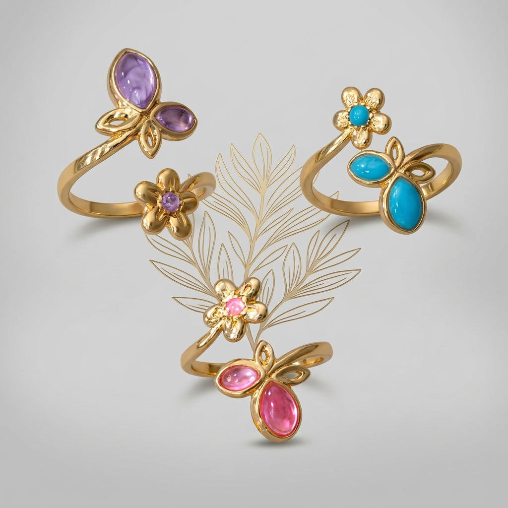 Gold Butterfly and Flower Ring