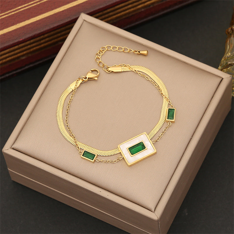 Stainless steel Green stone Square Charm Bracelet  - Each