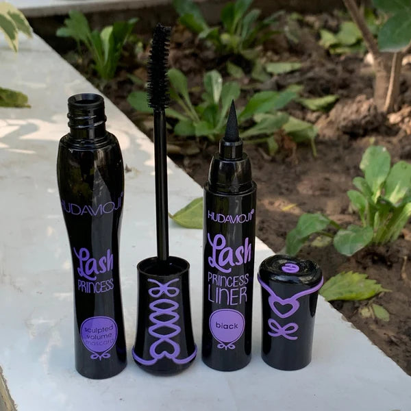 2 in 1 HudaMoji Princess False lash effect Mascara (Purple case) Black Liner