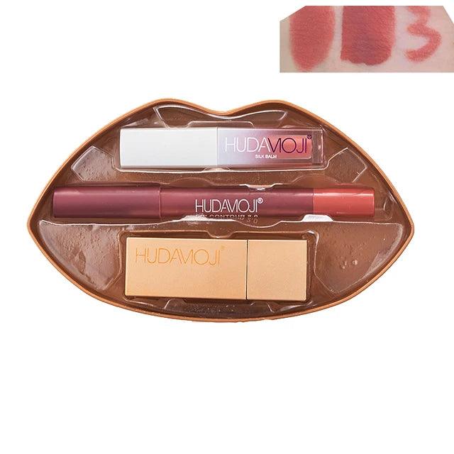 3 in 1 Hudamoji Set Velvet Matte Lipstick , Waterproof Lip Pencil & Lip Gloss Set