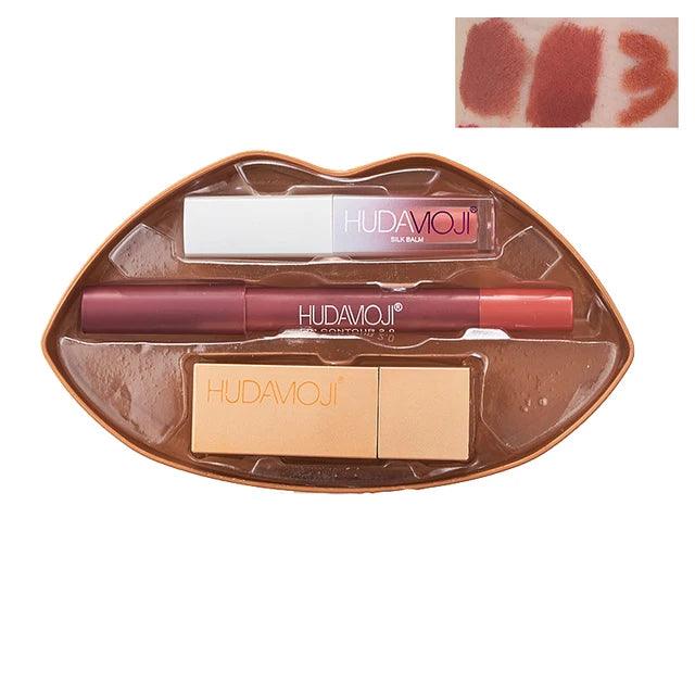 3 in 1 Hudamoji Set Velvet Matte Lipstick , Waterproof Lip Pencil & Lip Gloss Set