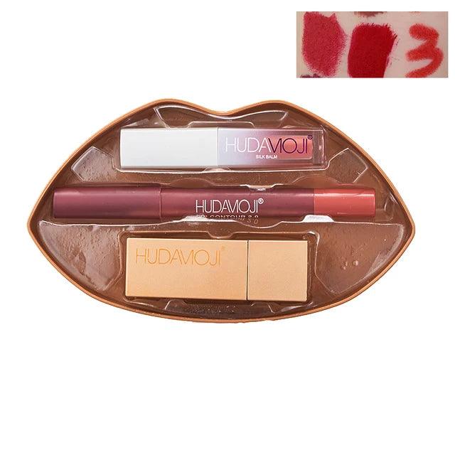 3 in 1 Hudamoji Set Velvet Matte Lipstick , Waterproof Lip Pencil & Lip Gloss Set