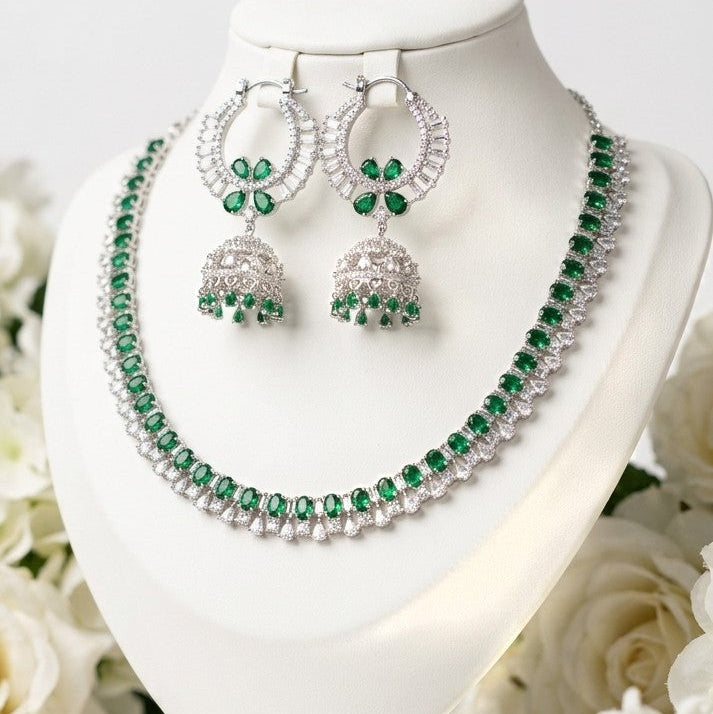 Silver-Tone American Diamond Necklace & Hanging Jhumka Earrings Set