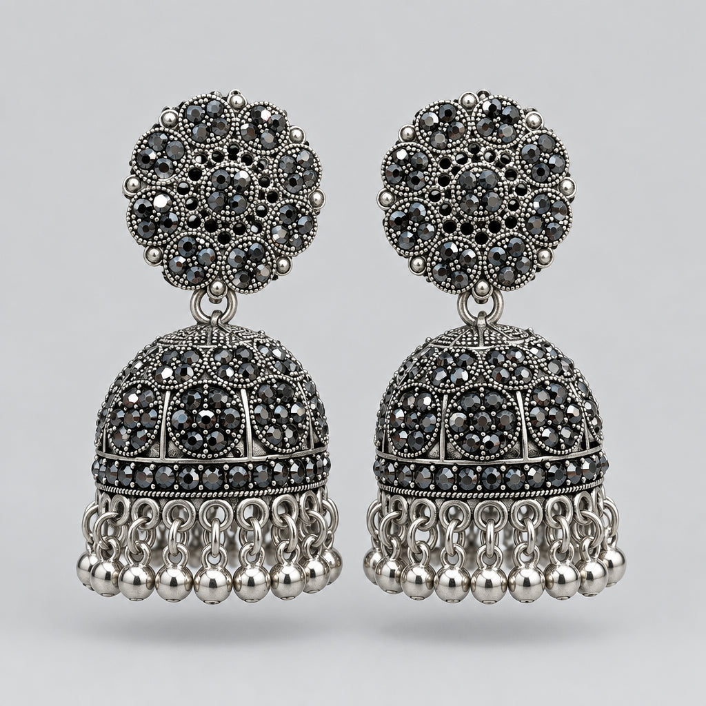 Black Stone Studded Oxidized Jhumkas with Sahara Chains