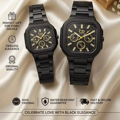 CD COLLECTION Square Black Stainless Steel Couple Watches – Elegant Black Dial with Gold-Toned Details