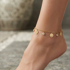 Stainless Steel Modern Whimsical Anklet - Gold Smile Charm - Each