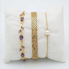 3 Pcs Bracelet Set – Purple Floral, Mesh Chain & Pearl Charm