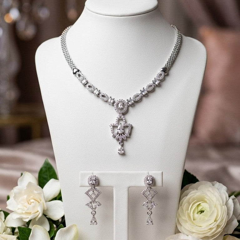 Silver-Toned Necklace Set with Gemstone Drop & Dangling Earrings