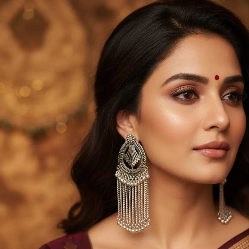 Silver-Plated Oxidized Afghani-Style Jhumka Drop Earrings