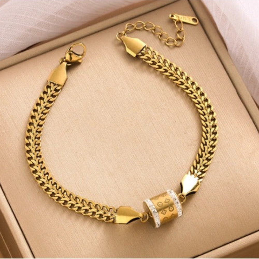 Gold Monogram Barrel Chain Bracelet