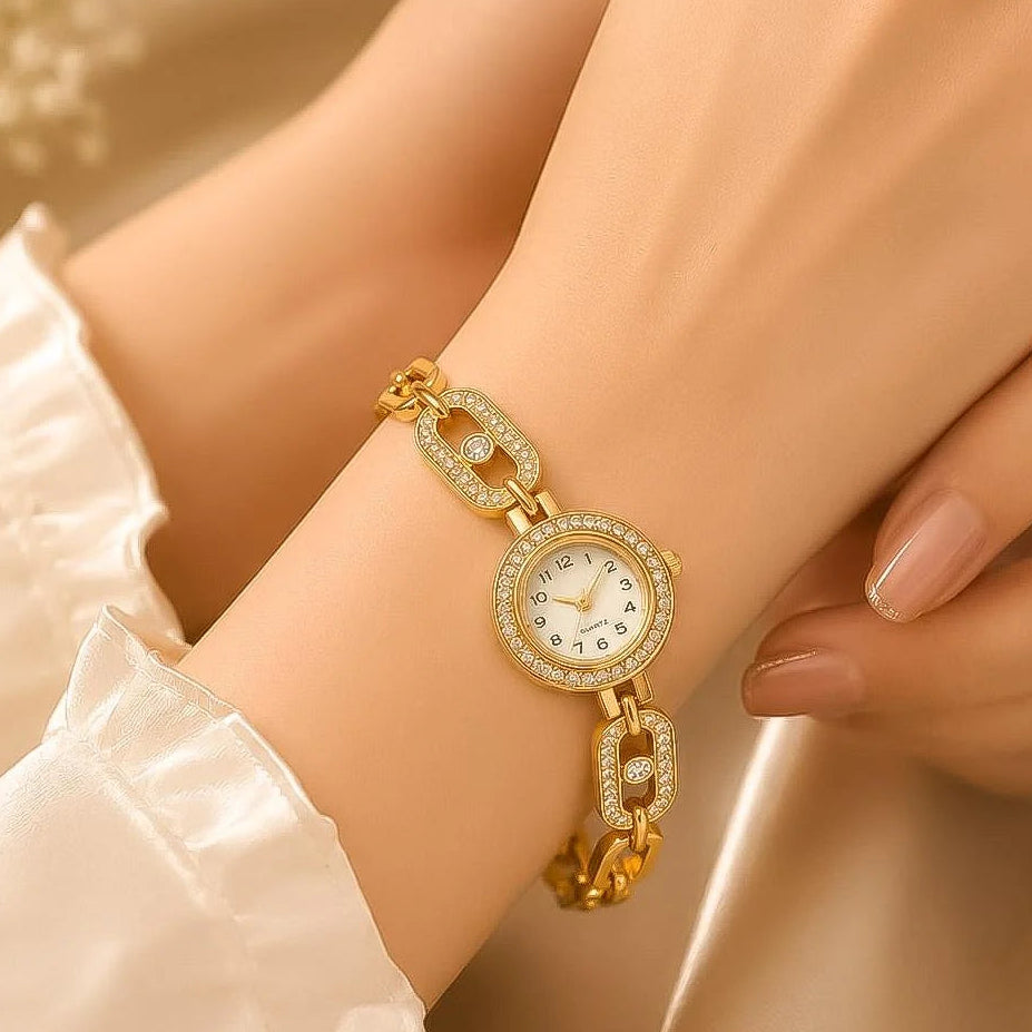 Gold Plated Rhinestone Oval Chain Bracelet Watch