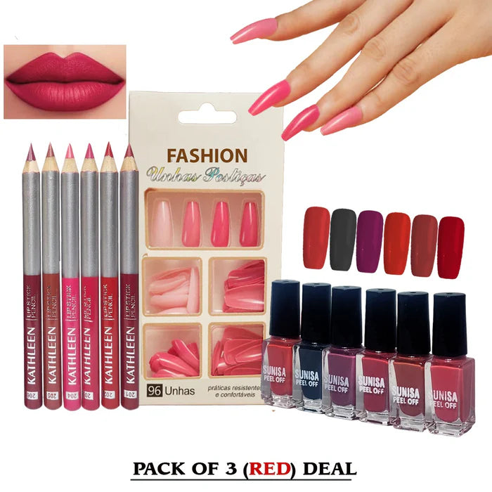 3 In 1 New Makeup Deal Kathleen 6 pcs Lip Liner Pencil +Sunisa 6pcs Nail Polish+96 pcs Fake Nails