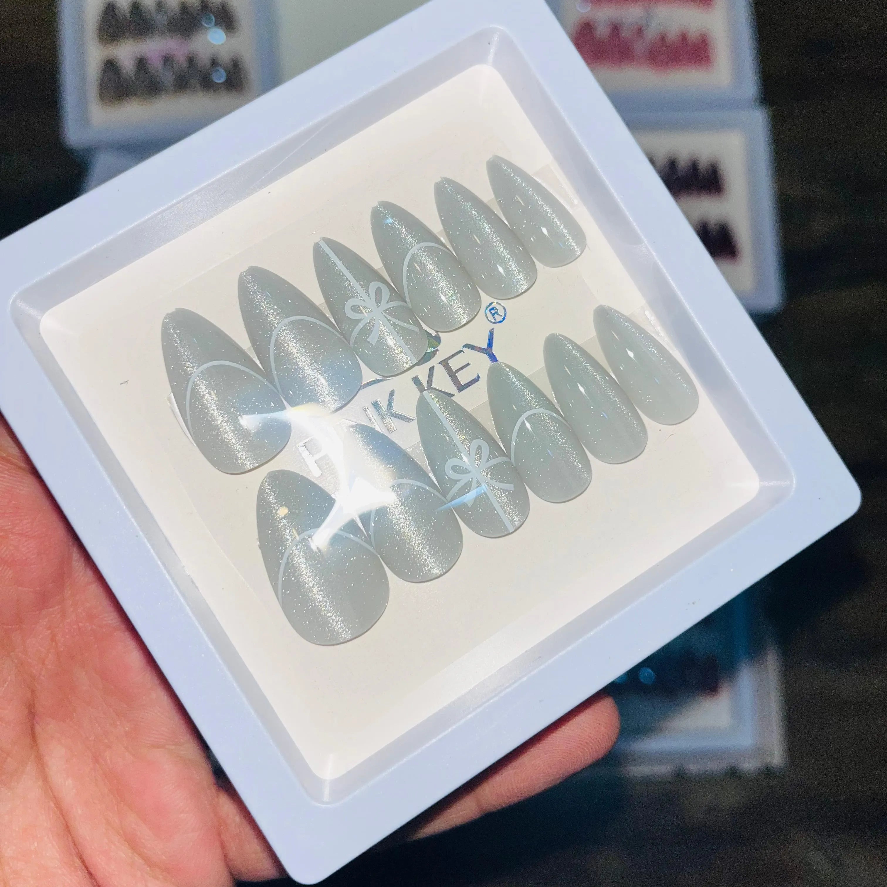 Pink key Stylish Cute Bow Salon Look Artifical Nails With Free Stickers (12 Pcs)