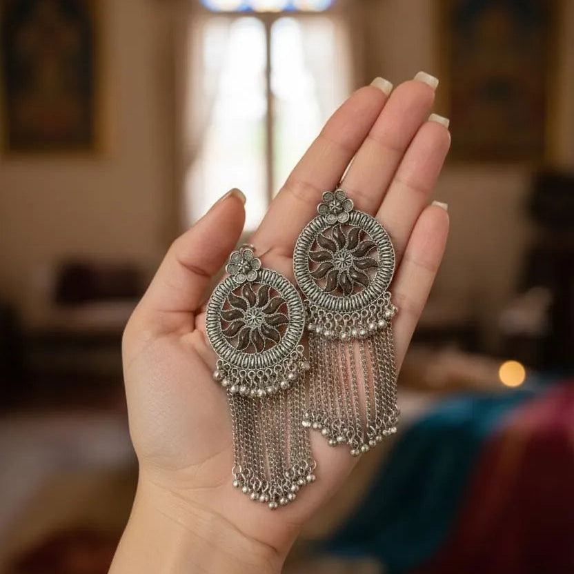 Floral Pattern Ethnic Design Oxidized Silver Jhumka