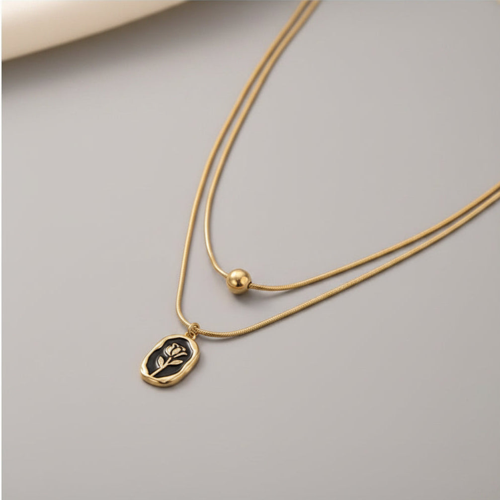 Gold Double Layer Rose Pendant Necklace