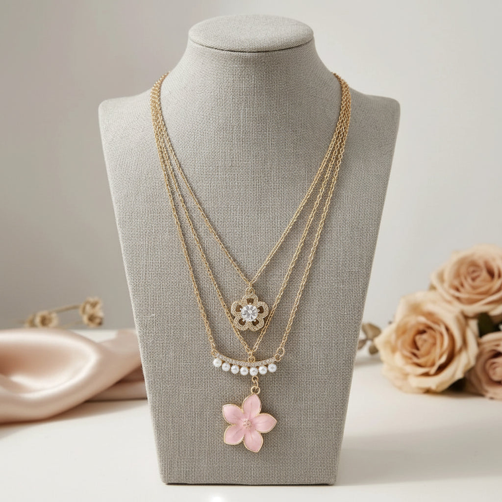 Gold-Toned Multi-Layered Heart & Floral Pendant Necklace