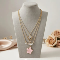 Gold-Toned Multi-Layered Heart & Floral Pendant Necklace