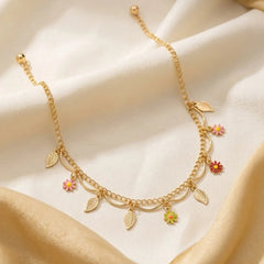 Stainless Steel Double layered colorful flower and leaf charms anklet
