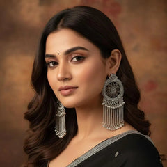 Floral Pattern Ethnic Design Oxidized Silver Jhumka