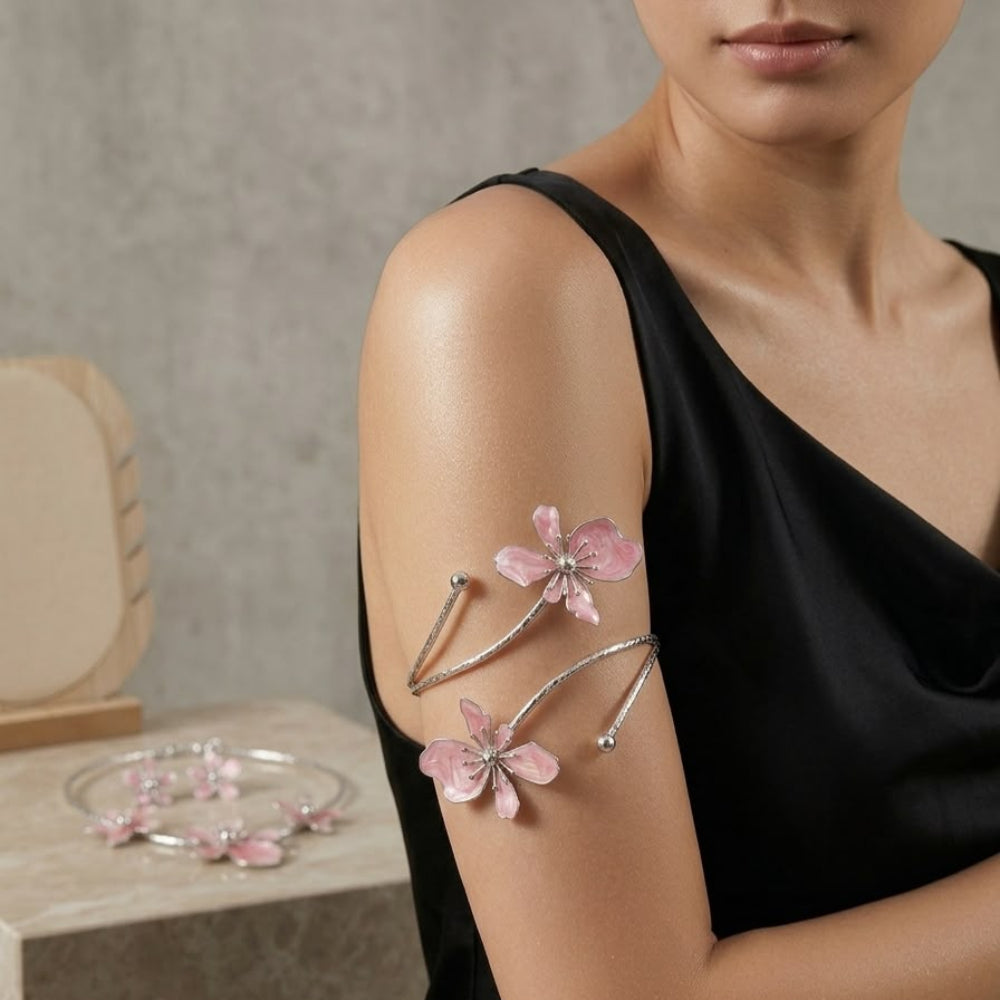 Stainless Steel blooming pink enamel flowers arm cuff - Each