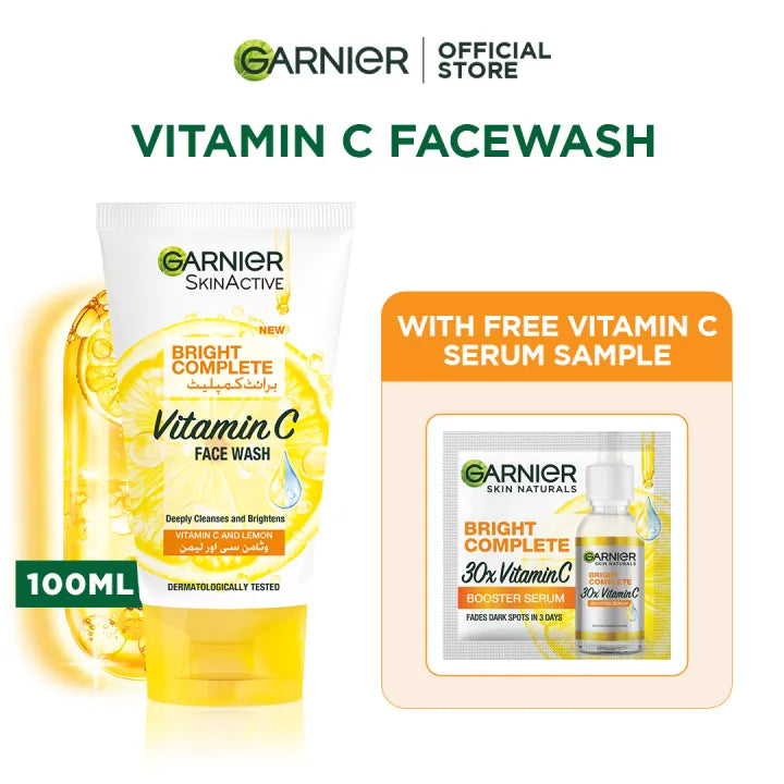 Garnier Bright Complete Vitamin C Facewash 100ml + Free Vitamin C Serum Sample