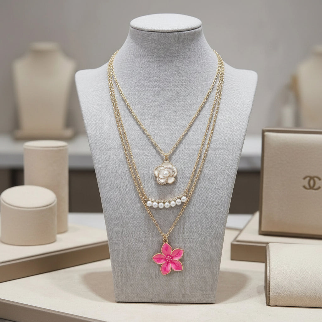 Gold-Toned Multi-Layered Heart & Floral Pendant Necklace
