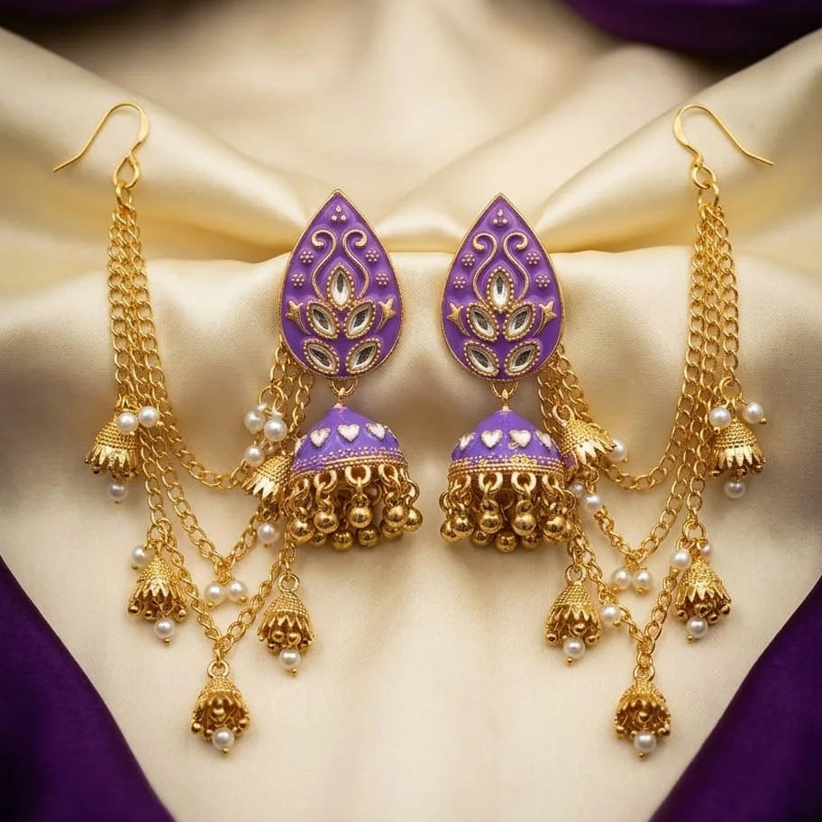 Jhumka earrings with Kundan stones and Sahary