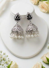 Silver-Toned Cubic Zirconia Jhumka Earrings with Pearl Danglers