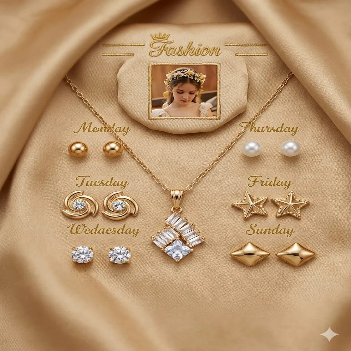 Seven Days of the Week jewelry gift set with necklace and matching stud earrings