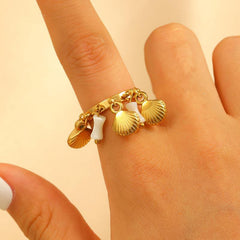 Stainless Steel Open Ring with Shell Charms & White Beads