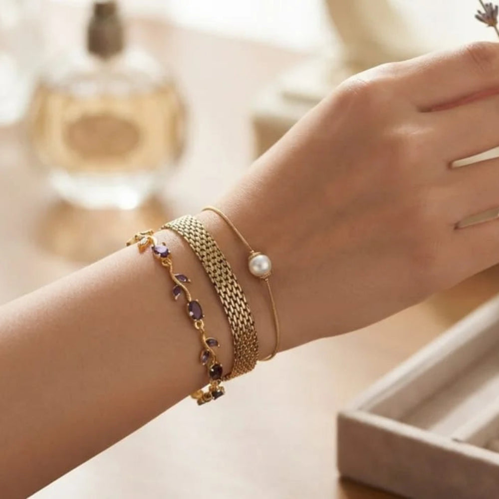3 Pcs Bracelet Set – Purple Floral, Mesh Chain & Pearl Charm