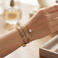 3 Pcs Bracelet Set – Purple Floral, Mesh Chain & Pearl Charm