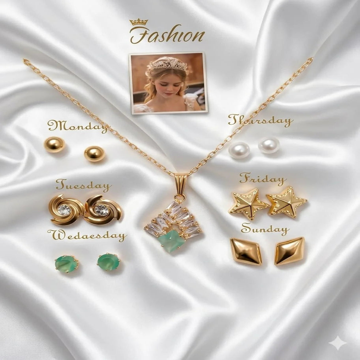 Seven Days of the Week jewelry gift set with necklace and matching stud earrings