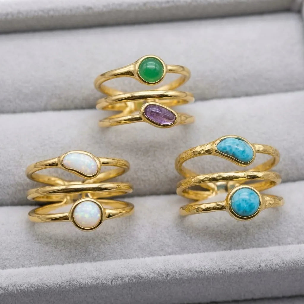 Gold Mixed Stone Asymmetric Wrap Ring