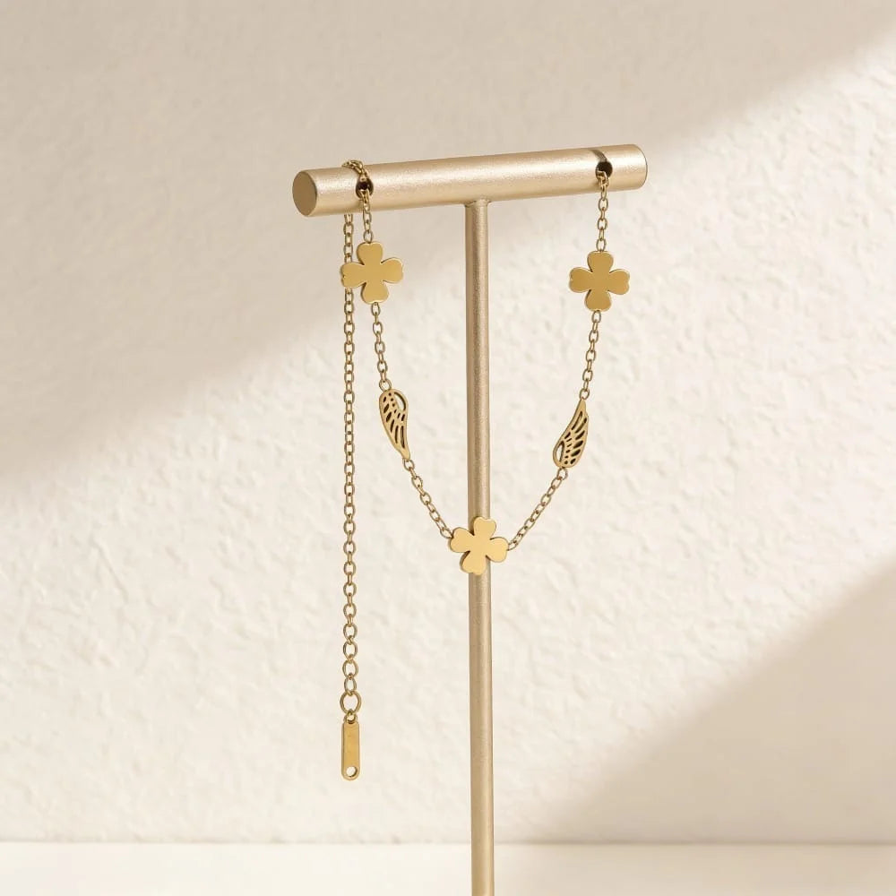 Gold Four Leaf Clover & Angel Wing Charm Bracelet - Each