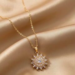 Gold Plated Sunburst Pendant Necklace with Crystal Zircon - Each