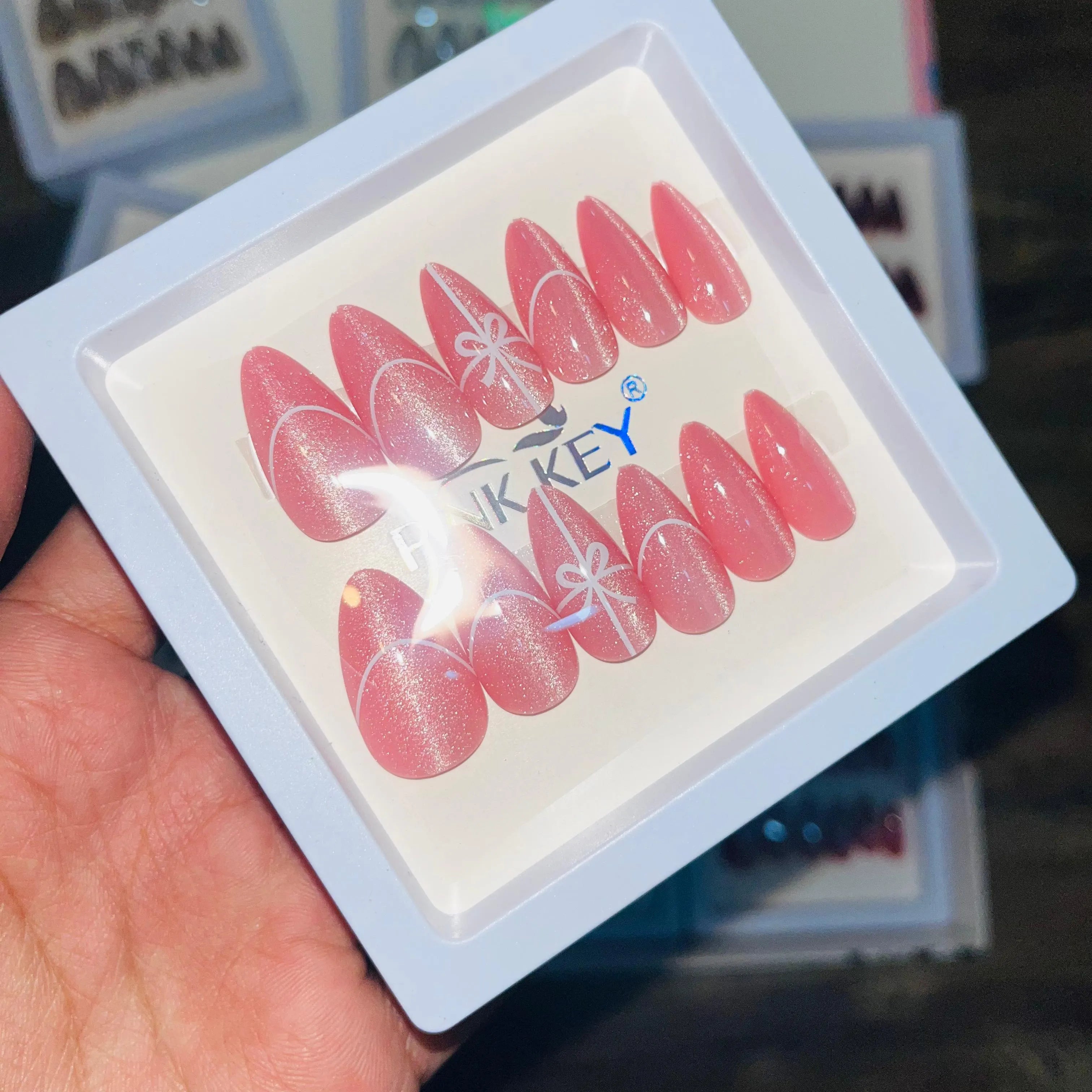 Pink key Stylish Cute Bow Salon Look Artifical Nails With Free Stickers (12 Pcs)