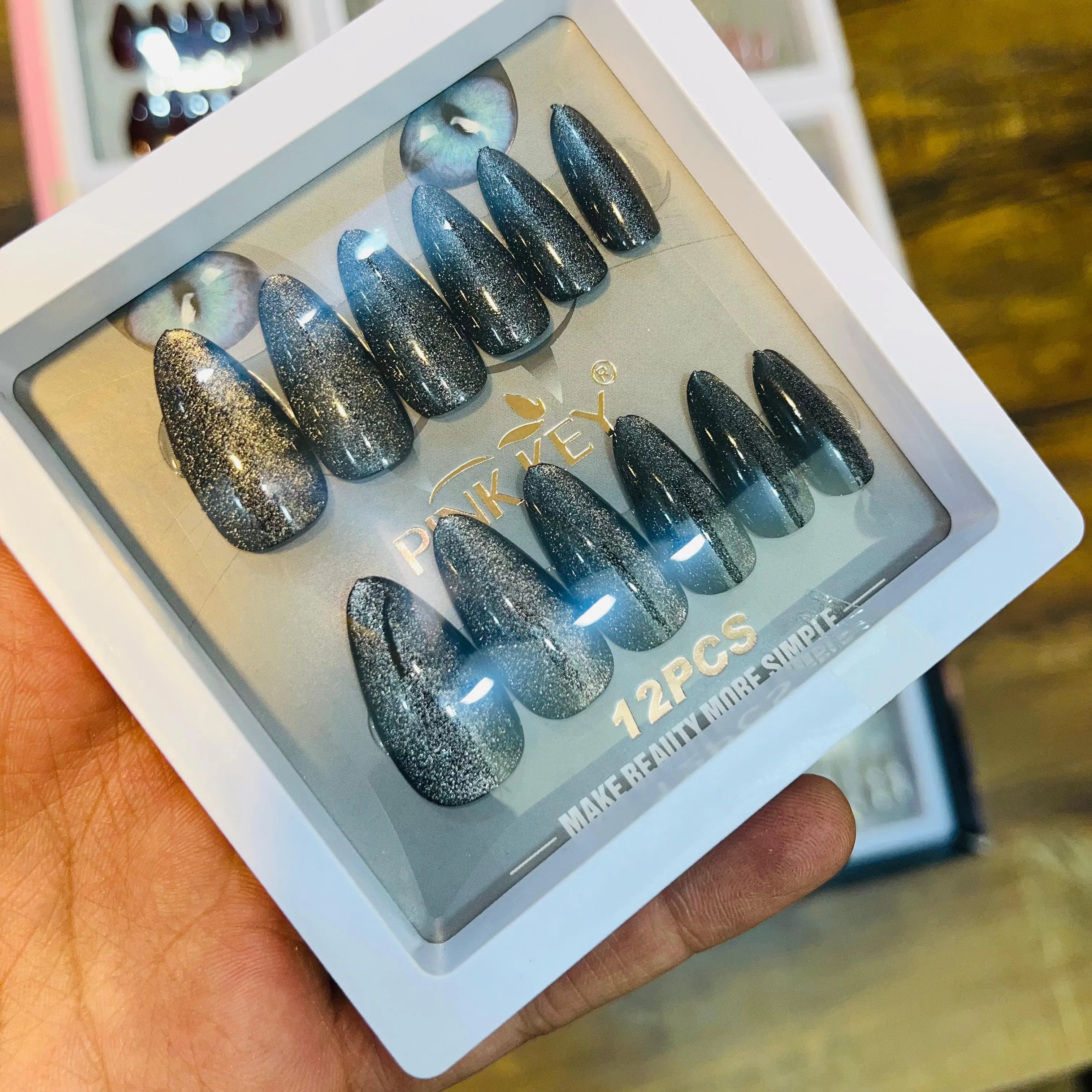 Pink key Stylish Artifical Nails With Free Stickers 12 Pcs