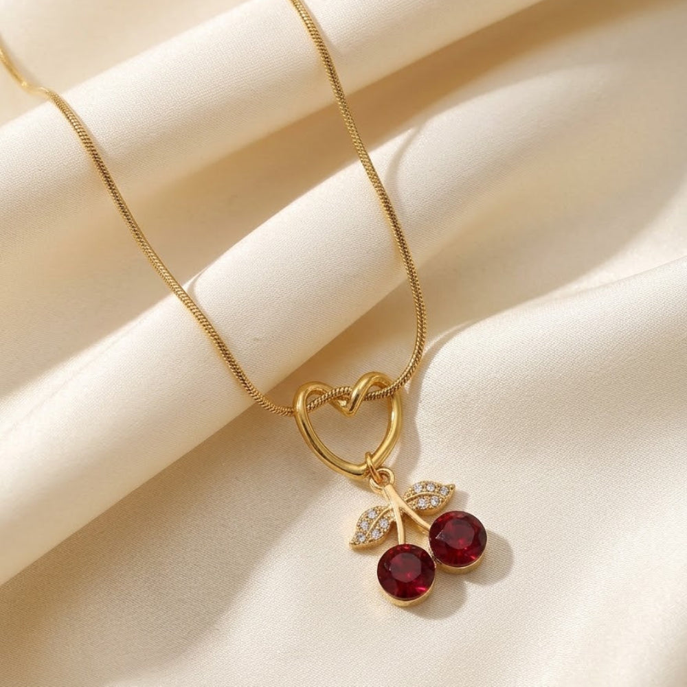 Stainless Steel heart-shaped loop charming double-cherry pendant