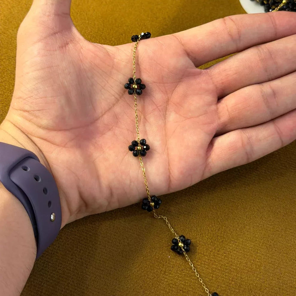 Black Crystal Flower Permanent Bracelet - 5m