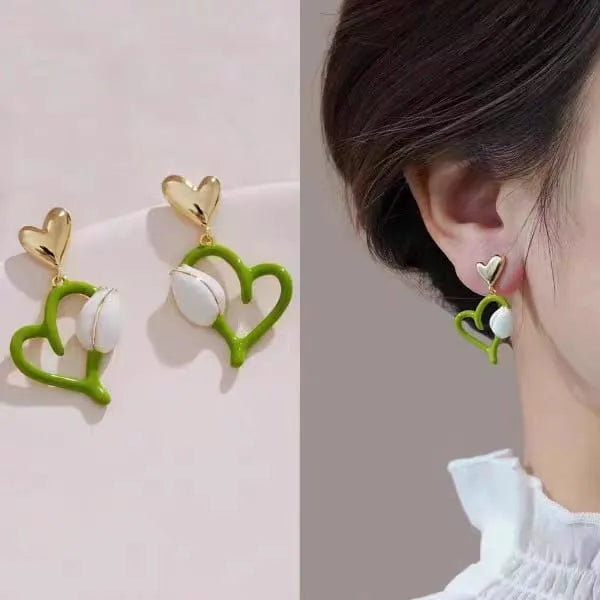 French White Flower Tulip Fruit Green Peach Heart Earring