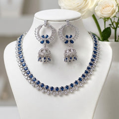Silver-Tone American Diamond Necklace & Hanging Jhumka Earrings Set