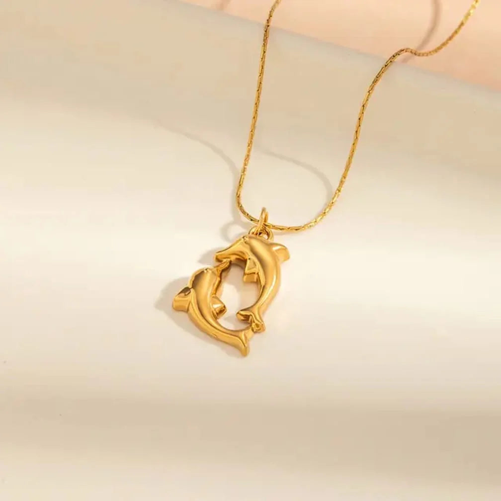 Gold Double Dolphin Pendant Necklace