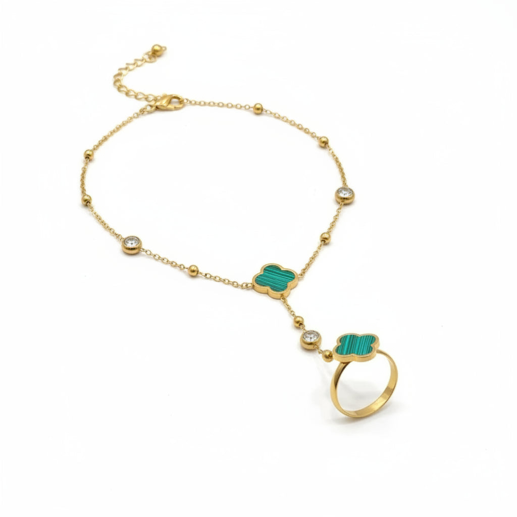 Gold Plated Four Leaf Clover Finger Bracelet with Ring