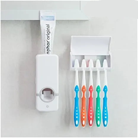 Toothpaste Dispenser + Five Toothbrush Holder Wall Mount Stand Bathtub Gear