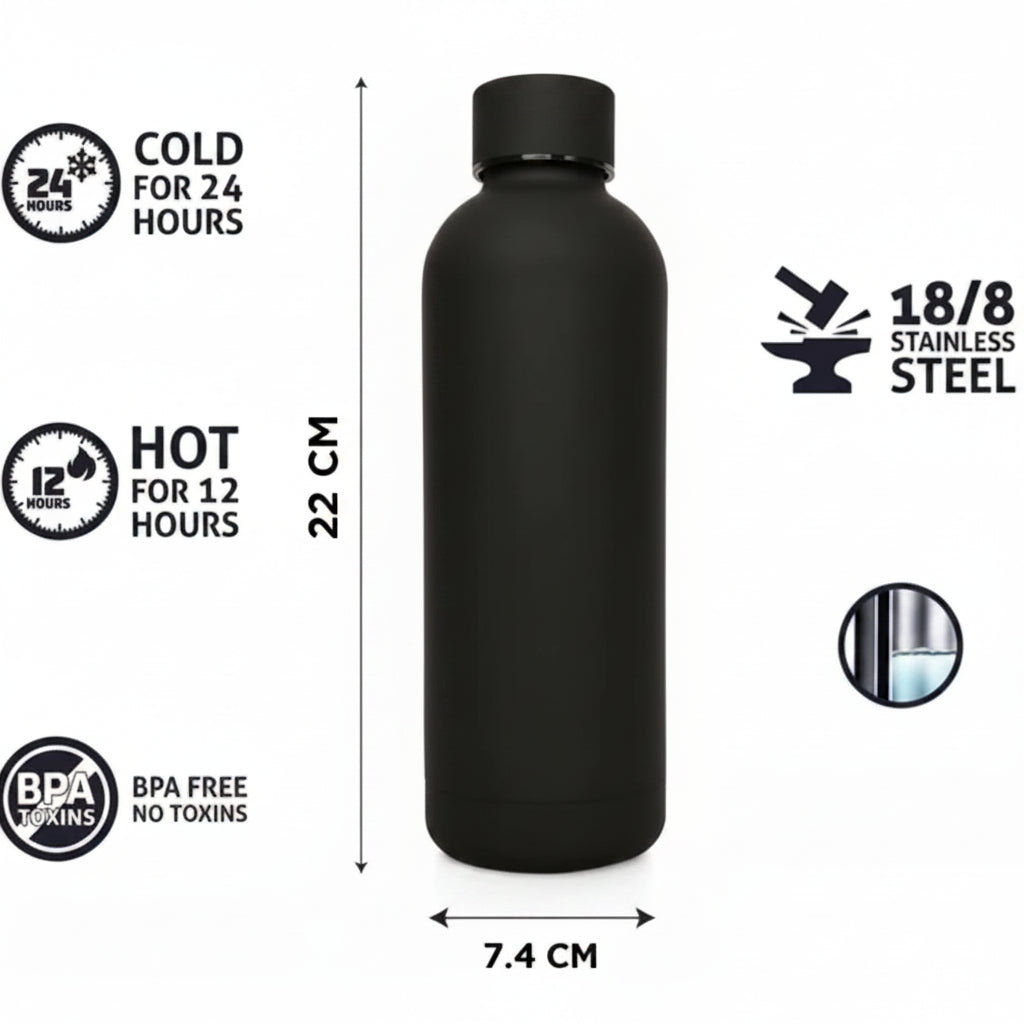 Generic Black Stainless Steel Vacuum Insulated Water Bottl - 500ml