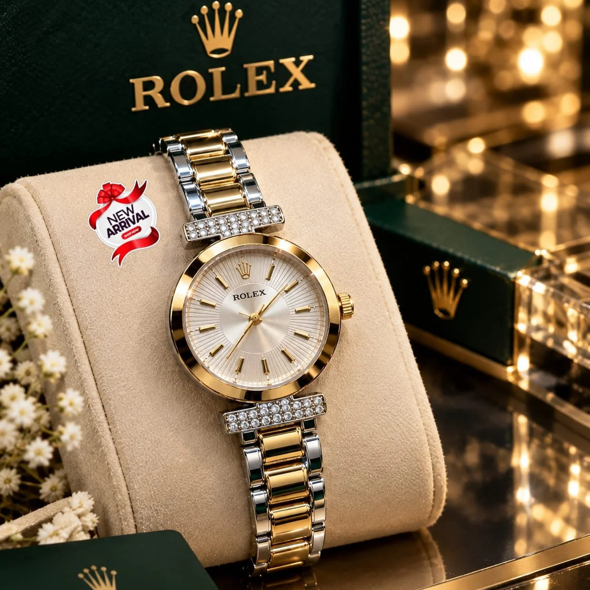 Rolex Diamond Rhinestone Stainless Steel Women Quartz Watch