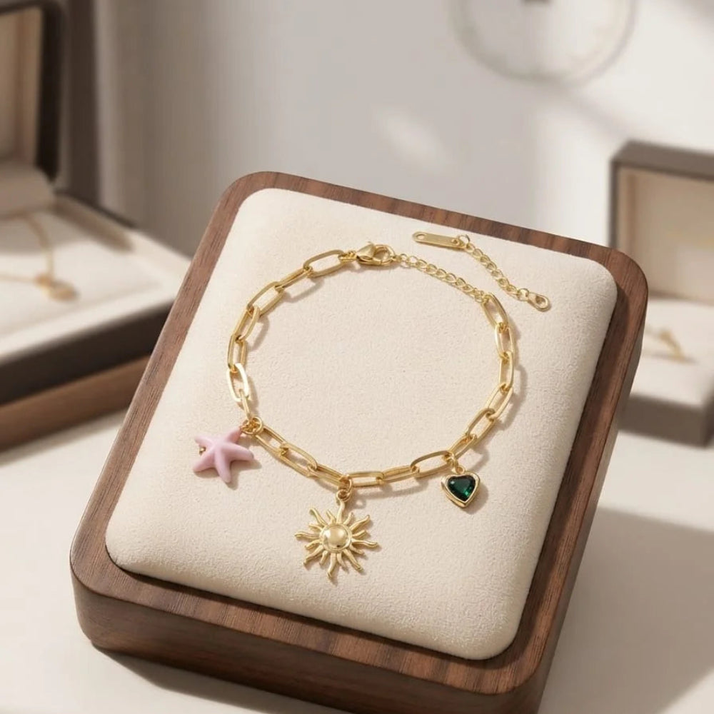Gold Celestial & Ocean Multi-Charm Paperclip Link Bracelet - Each